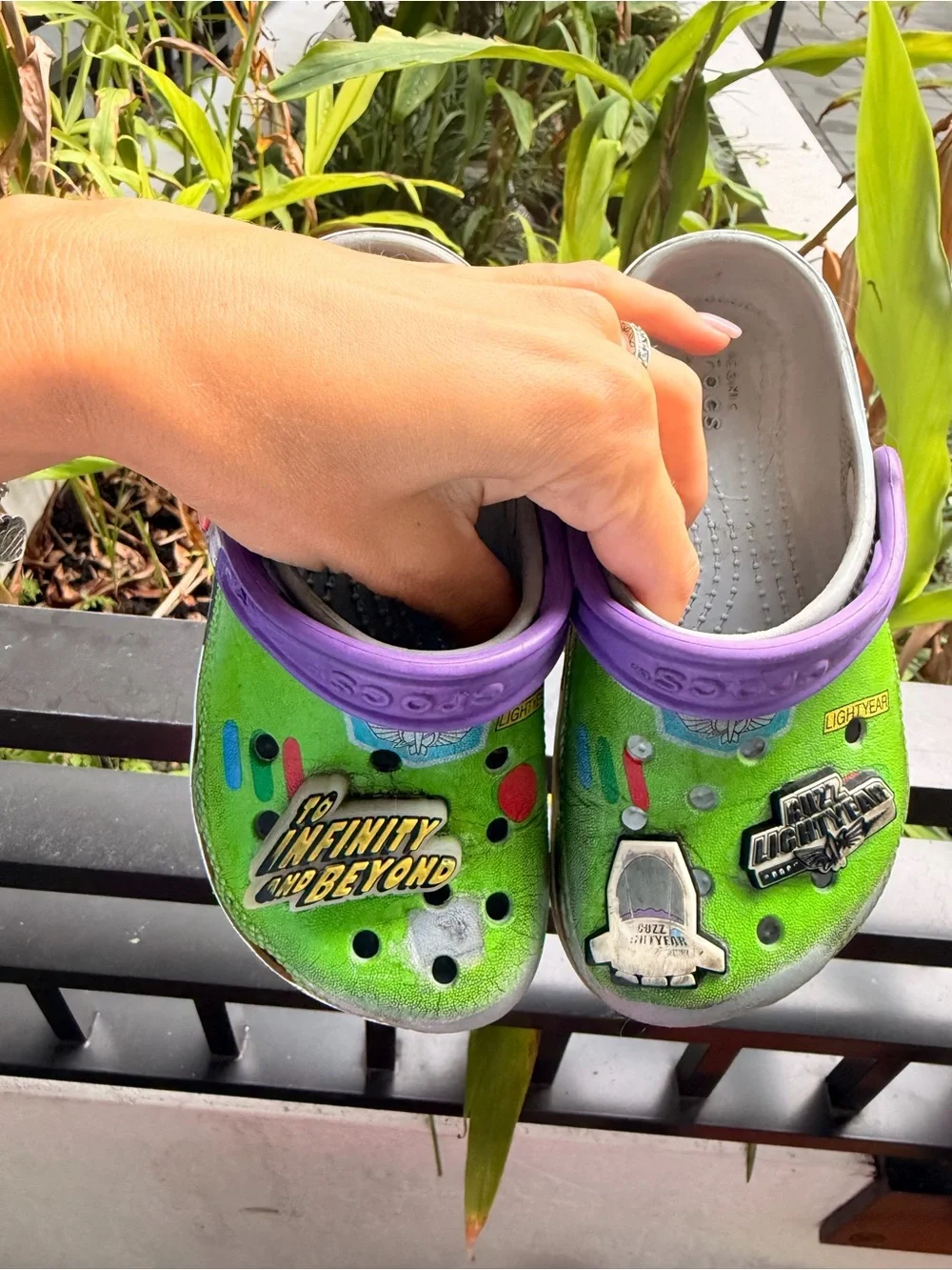 Crocs Kids' Green 'Toy Story' Lightyear Clogs with Purple Strap 10 size boys
